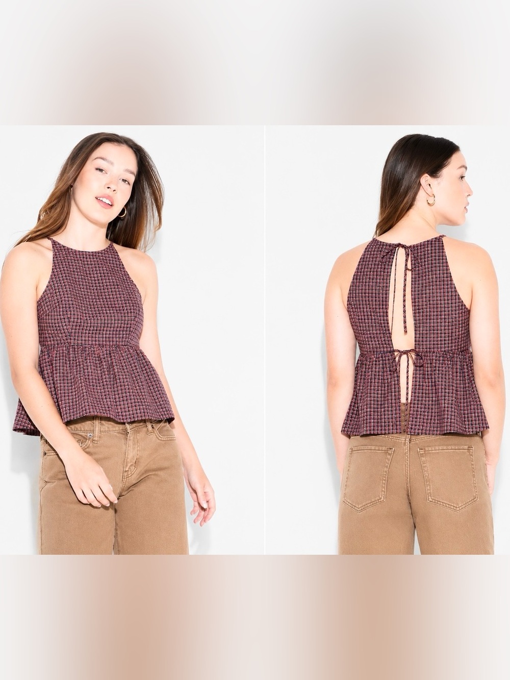Women's High Neck Babydoll Halter Top - Wild Fable Brown Plaid